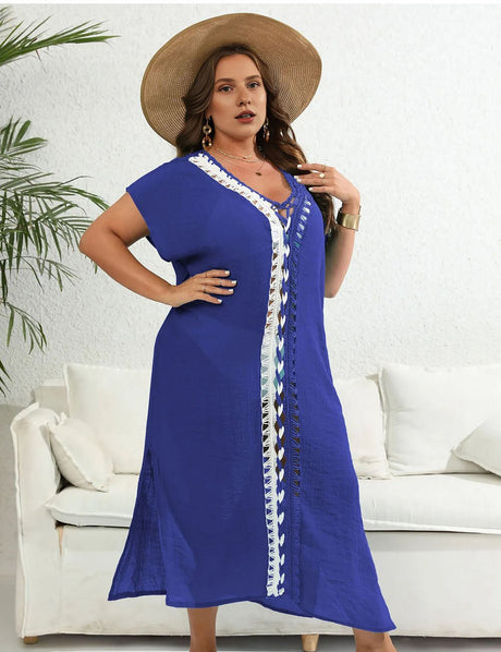 Women Plus Size Hand Crocheted Contrast Color Bikini Cover Up - PRUSES