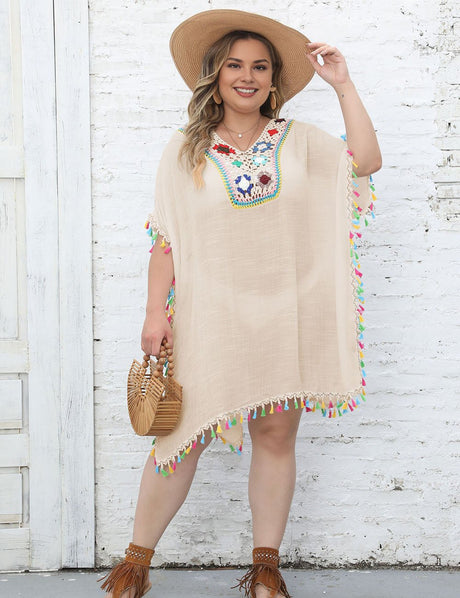 Women Plus Size Hand - Crocheted Flower Patchwork Tassel Cover Up | PRUSES - PRUSES