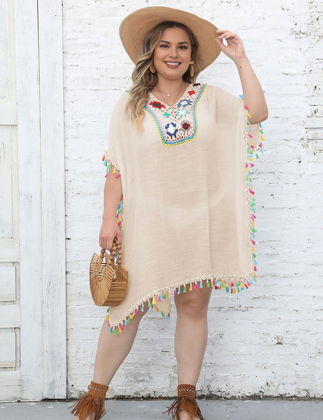Women Plus Size Hand - Crocheted Flower Patchwork Tassel Cover Up | PRUSES - PRUSES