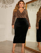 Women Plus Size Haute Couture V - neck Long - sleeved Patchwork Hip Dress - PRUSES