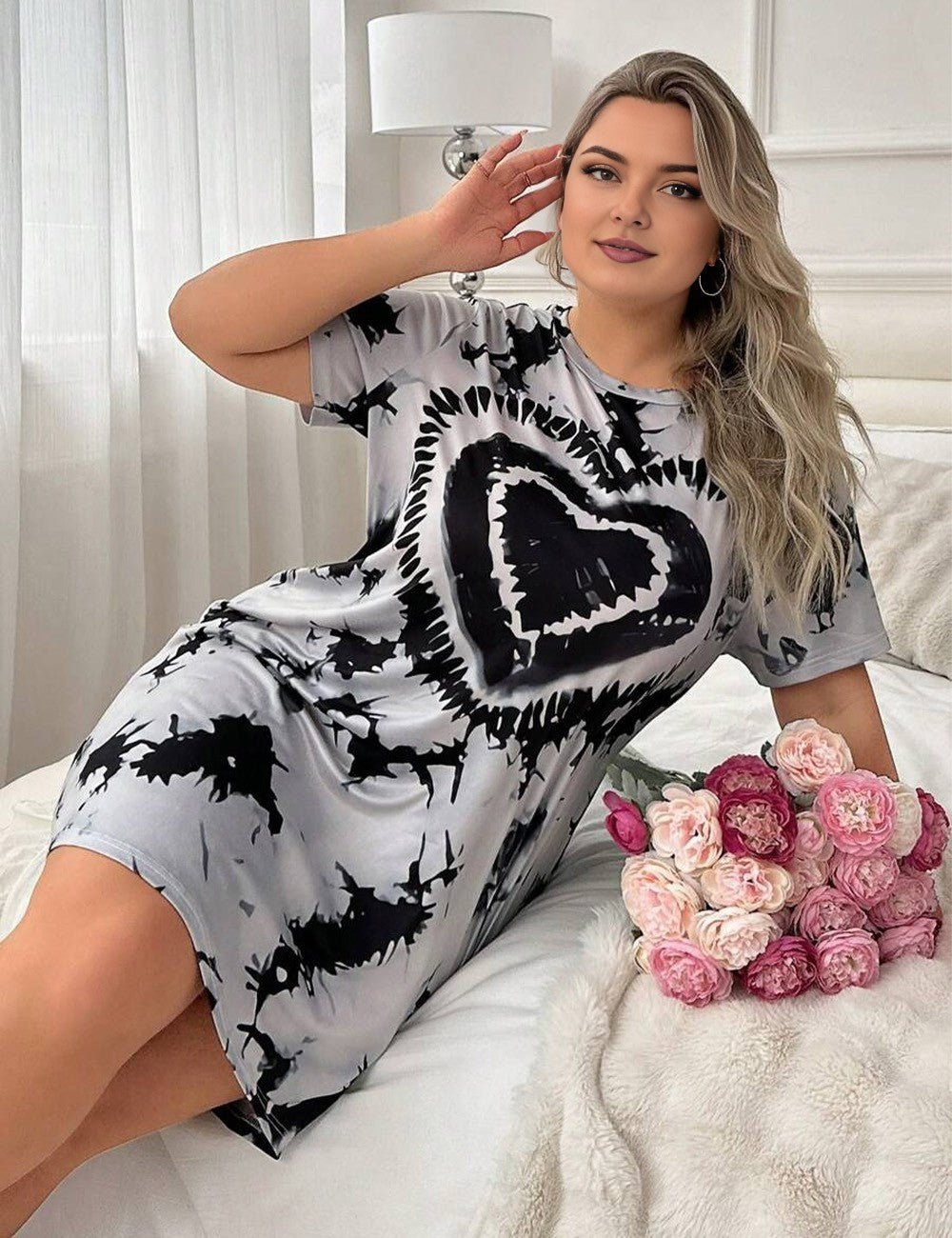 Women Plus Size Heart Pattern Tie Dye Nightdress | PRUSES - PRUSES