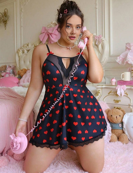 Women Plus Size Heart Print Chemise - PRUSES
