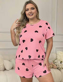 Women Plus Size Pink Heart-Printed T-Shirt and Shorts Pajama Set