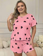 Women Plus Size Pink Heart-Printed T-Shirt and Shorts Pajama Set