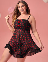 Women Plus Size Heart - Shaped Mesh Llace Suspender Babydoll - PRUSES