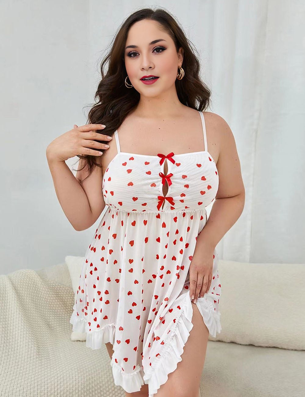Women Plus Size Heart - Shaped Mesh Llace Suspender Babydoll - PRUSES