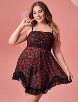 Women Plus Size Heart - Shaped Mesh Llace Suspender Babydoll - PRUSES