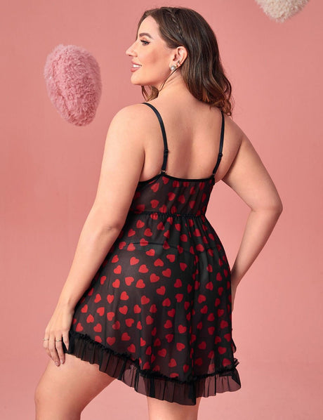 Women Plus Size Heart - Shaped Mesh Llace Suspender Babydoll - PRUSES