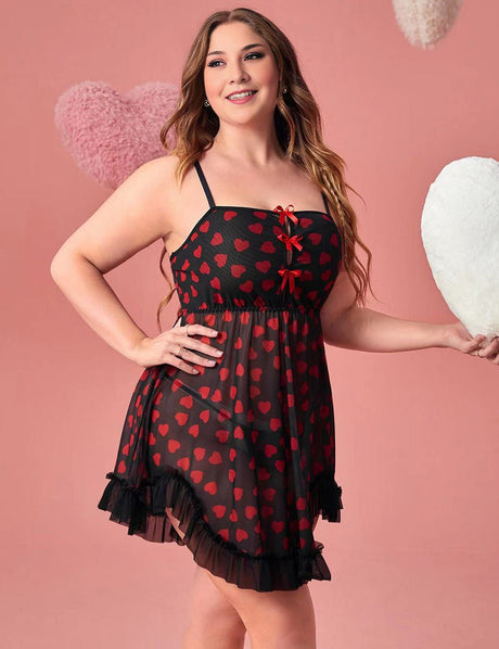 Women Plus Size Heart - Shaped Mesh Llace Suspender Babydoll - PRUSES