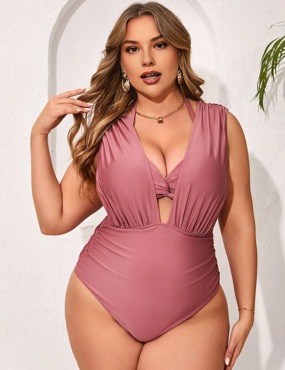 Women Plus Size High Elastic Solid Color One - Piece Swimsuit - PRUSES