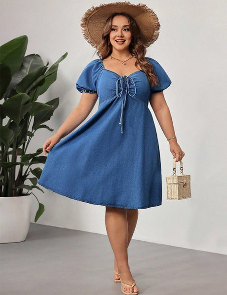Women Plus Size High Waist Ruched Denim Midi Dress | PRUSES - PRUSES