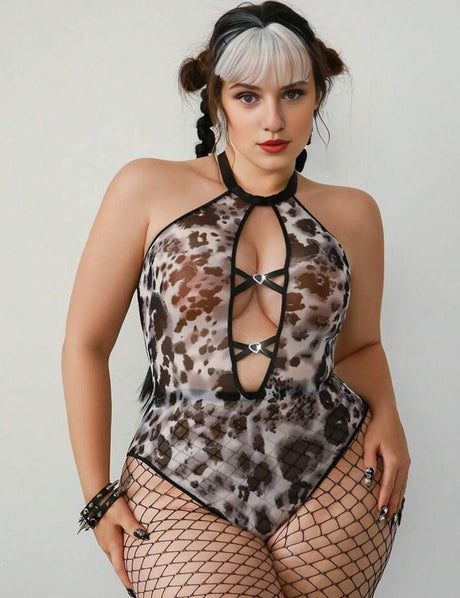 Women Plus Size Hollow - Out Backless Halter Bodysuit - PRUSES