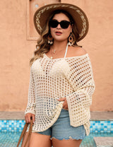 Women Plus Size Hollow Out Knit Swim Cover Up - PRUSES