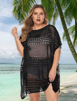 Women Plus Size Hollow Out Short Sleeve Bikini Cover Up - PRUSES