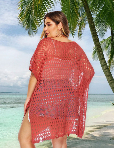 Women Plus Size Hollow Out Short Sleeve Bikini Cover Up - PRUSES