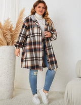 Women Plus Size Hooded Plaid Shacket Coat - PRUSES