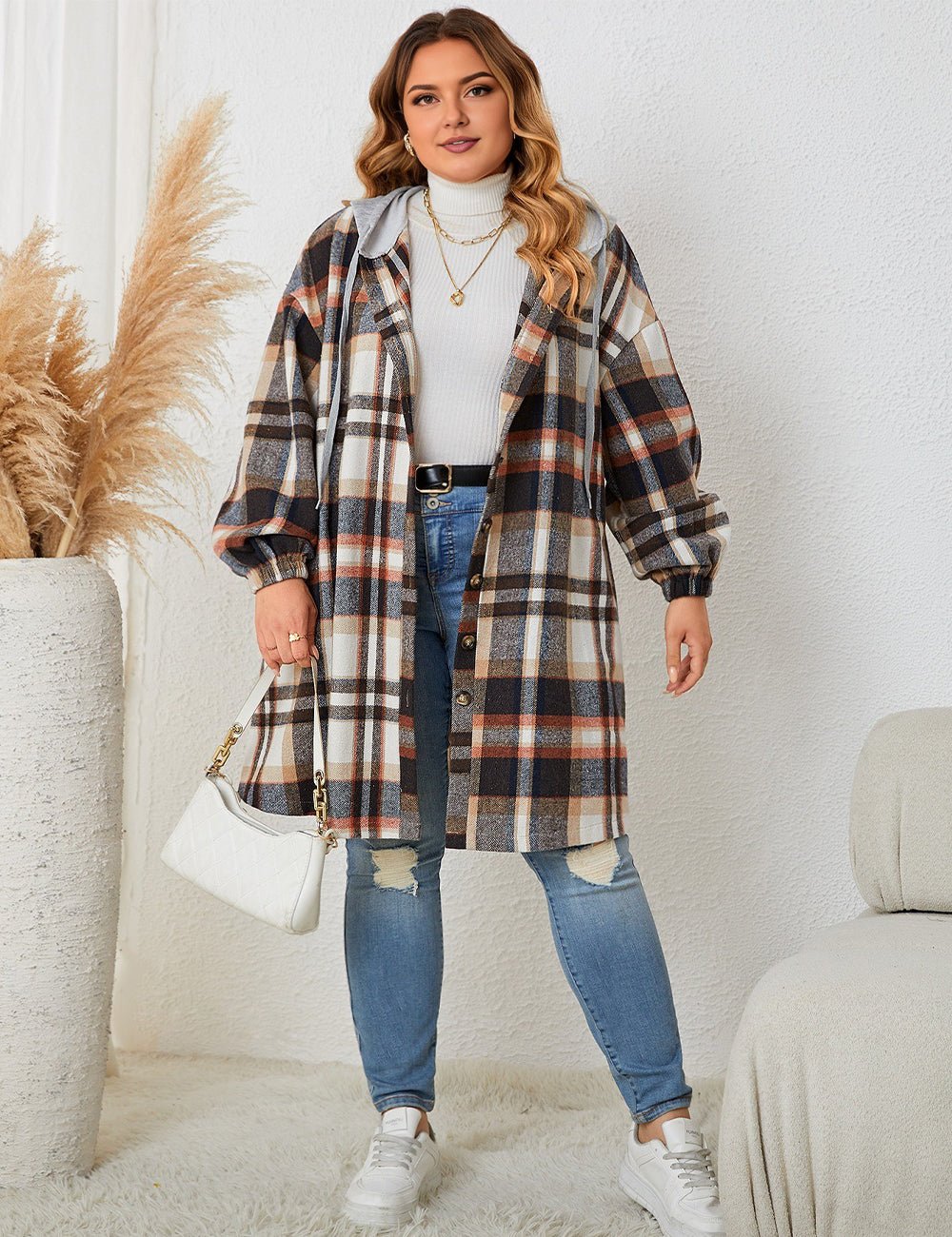 Women Plus Size Hooded Plaid Shacket Coat - PRUSES
