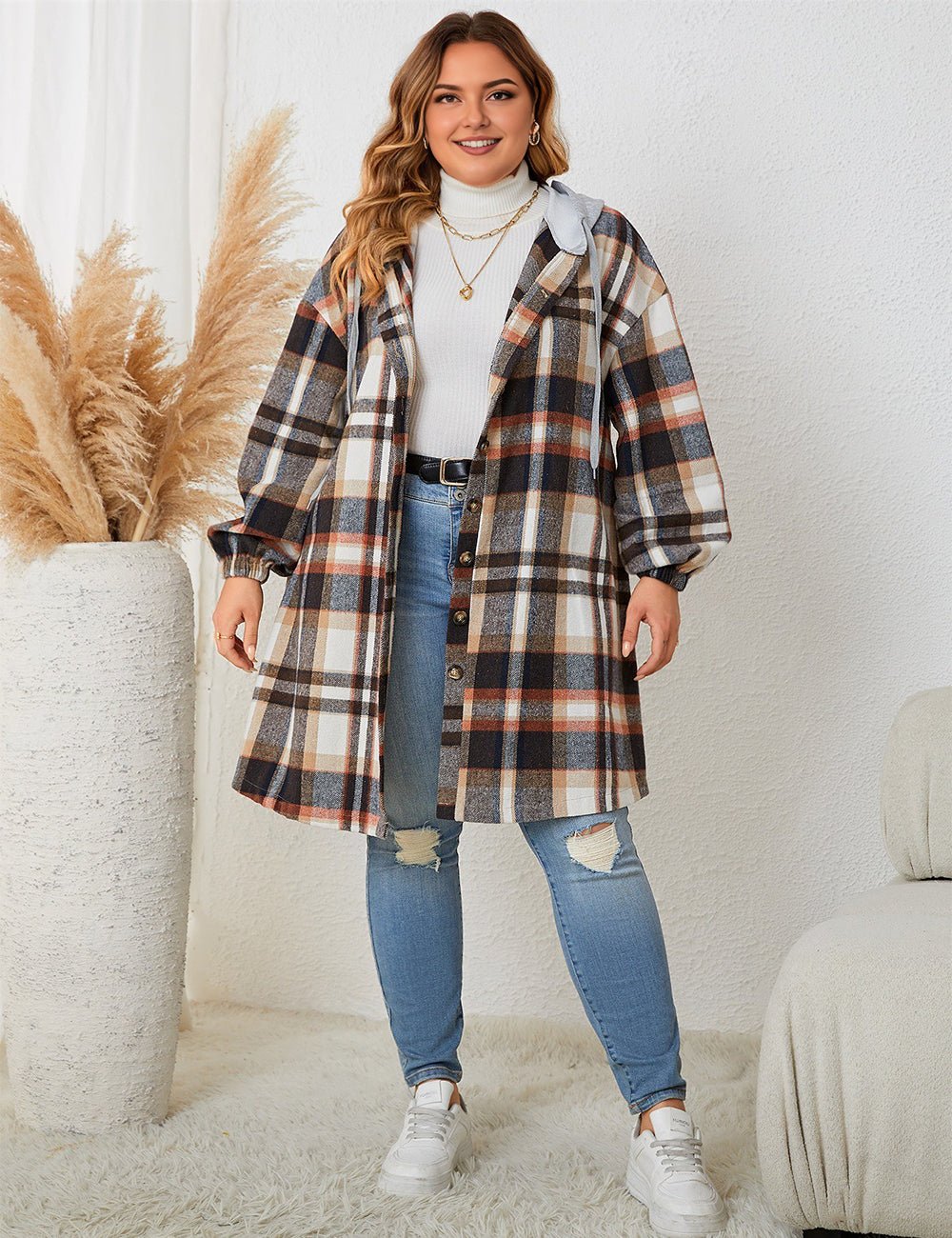 Women Plus Size Hooded Plaid Shacket Coat - PRUSES