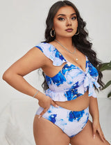 Women Plus Size Ink Print Twist Bikini Set Summer Beach - PRUSES