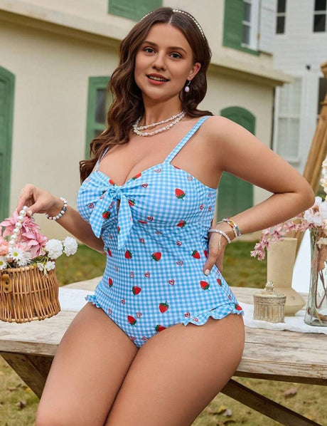 Women Plus Size Knot Front Print One - Piece Swimsuit - PRUSES