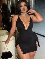 Women Plus Size Lace Double Slit Babydoll Nightgown - PRUSES