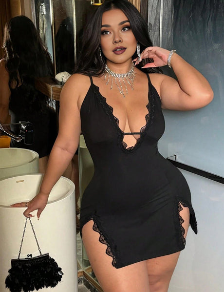 Women Plus Size Lace Double Slit Babydoll Nightgown - PRUSES