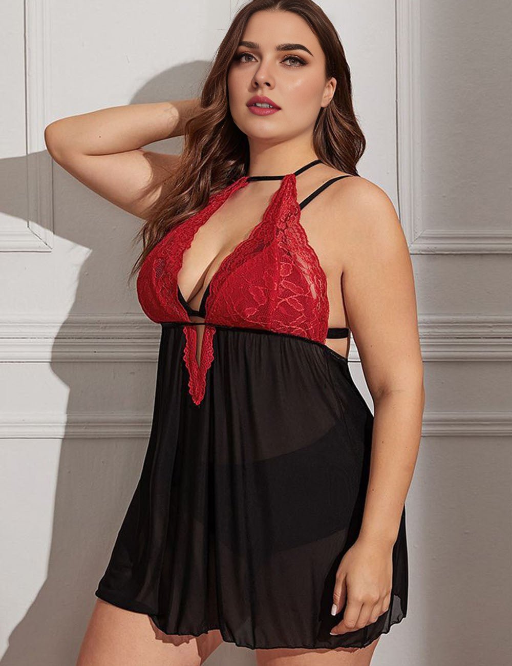 Women Plus Size Lace Halterneck Colorblock Lingerie | PRUSES - PRUSES