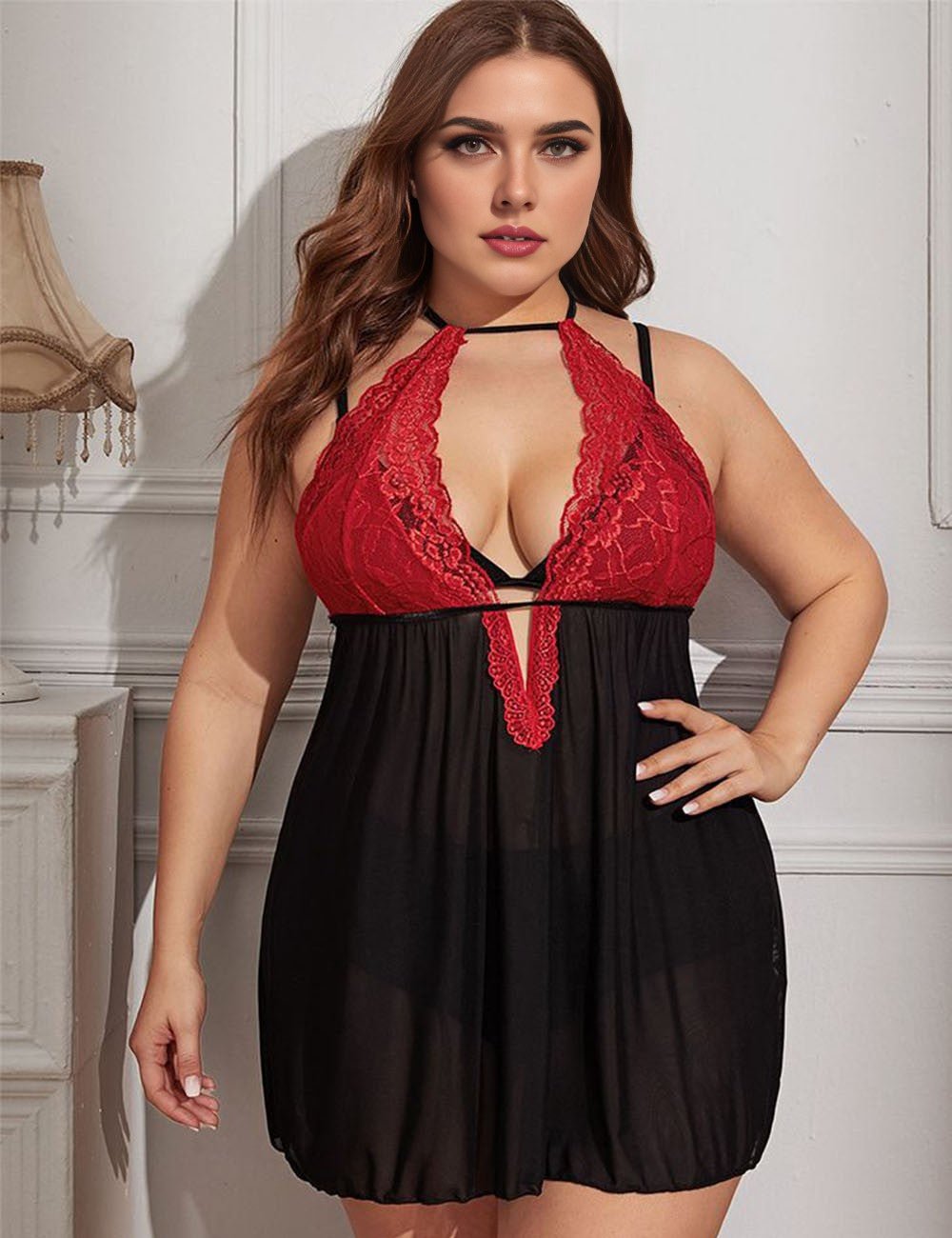 Women Plus Size Lace Halterneck Colorblock Lingerie | PRUSES - PRUSES