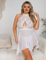 Women Plus Size Lace Hollow Halter Neck Babydoll - PRUSES