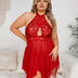 Women Plus Size Lace Hollow Halter Neck Babydoll - PRUSES