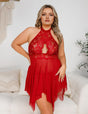 Women Plus Size Lace Hollow Halter Neck Babydoll - PRUSES