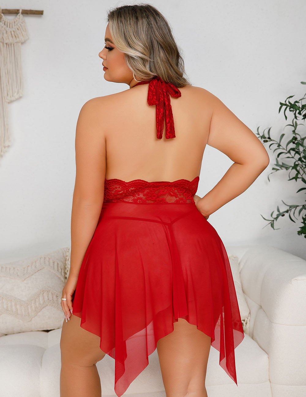 Women Plus Size Lace Hollow Halter Neck Babydoll - PRUSES