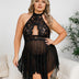 Women Plus Size Lace Hollow Halter Neck Babydoll - PRUSES