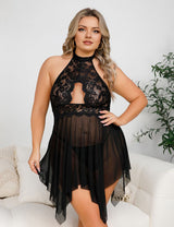 Women Plus Size Lace Hollow Halter Neck Babydoll - PRUSES