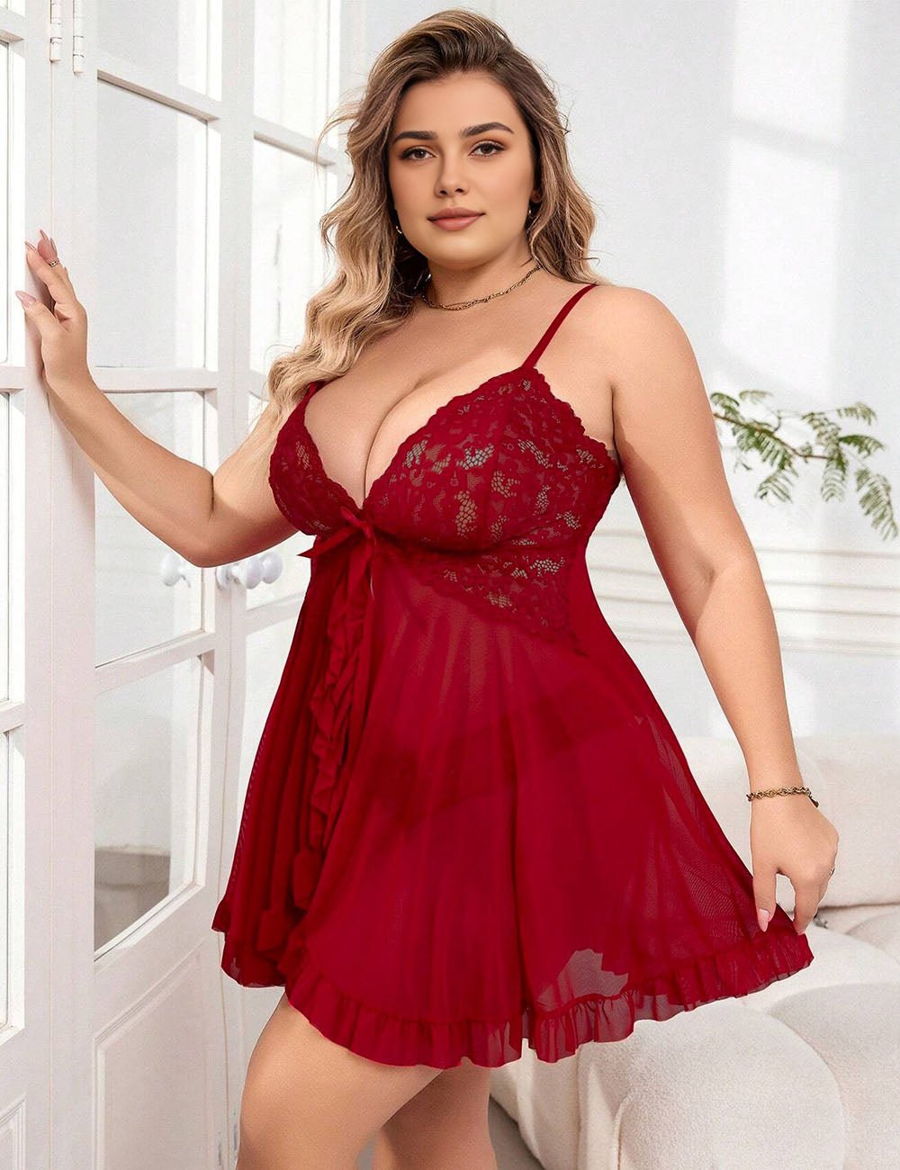 Women Plus Size Lace Mesh See - through Suspender Babydoll | PRUSES - PRUSES
