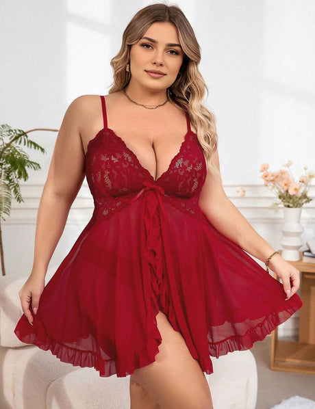 Women Plus Size Lace Mesh See - through Suspender Babydoll | PRUSES - PRUSES