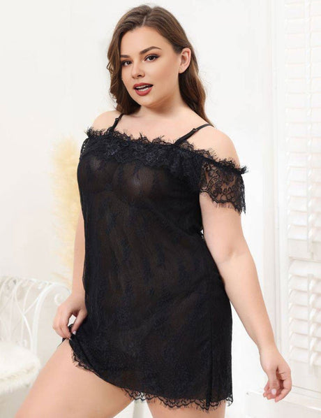 Women Plus Size Lace One Shoulder Babydoll - PRUSES