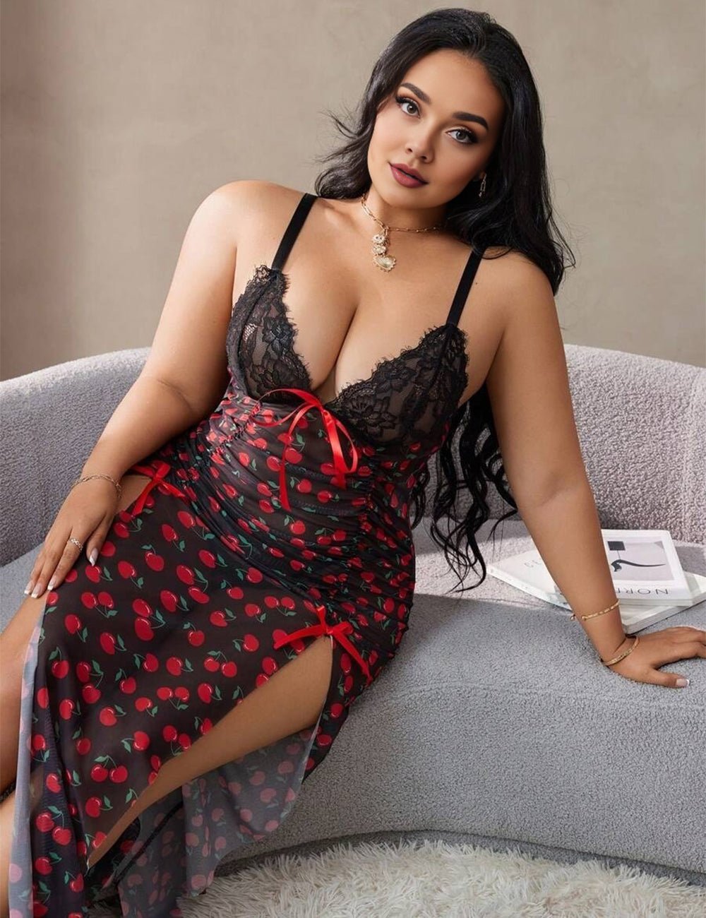 Women Plus Size Lace Patchwork Nightgown - PRUSES