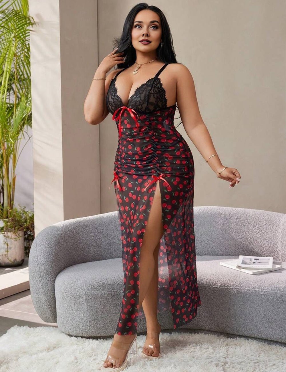 Women Plus Size Lace Patchwork Nightgown - PRUSES