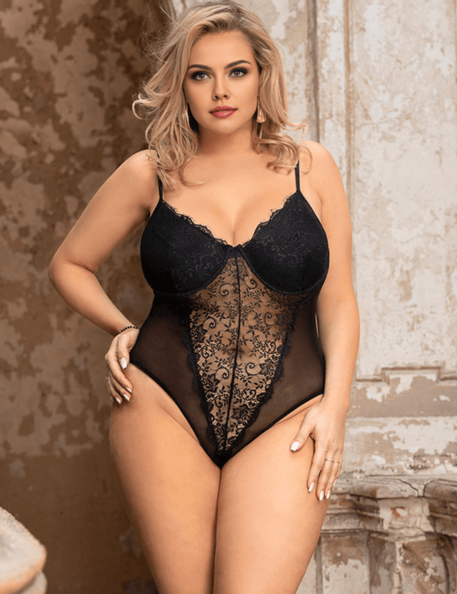 Women Plus Size Lace Sexy Bodysuit Nightwear - PRUSES