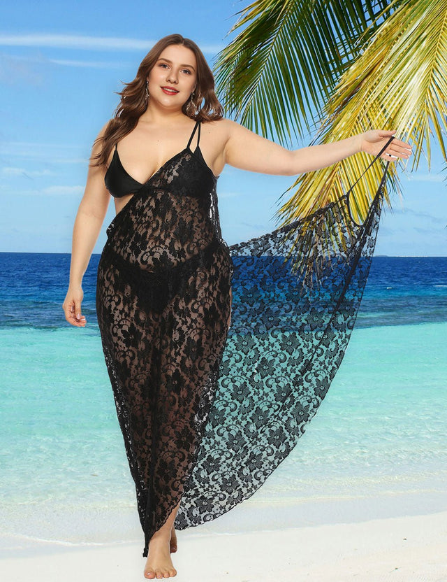 Women Plus Size Lace Spaghetti Strap Cover Up - PRUSES