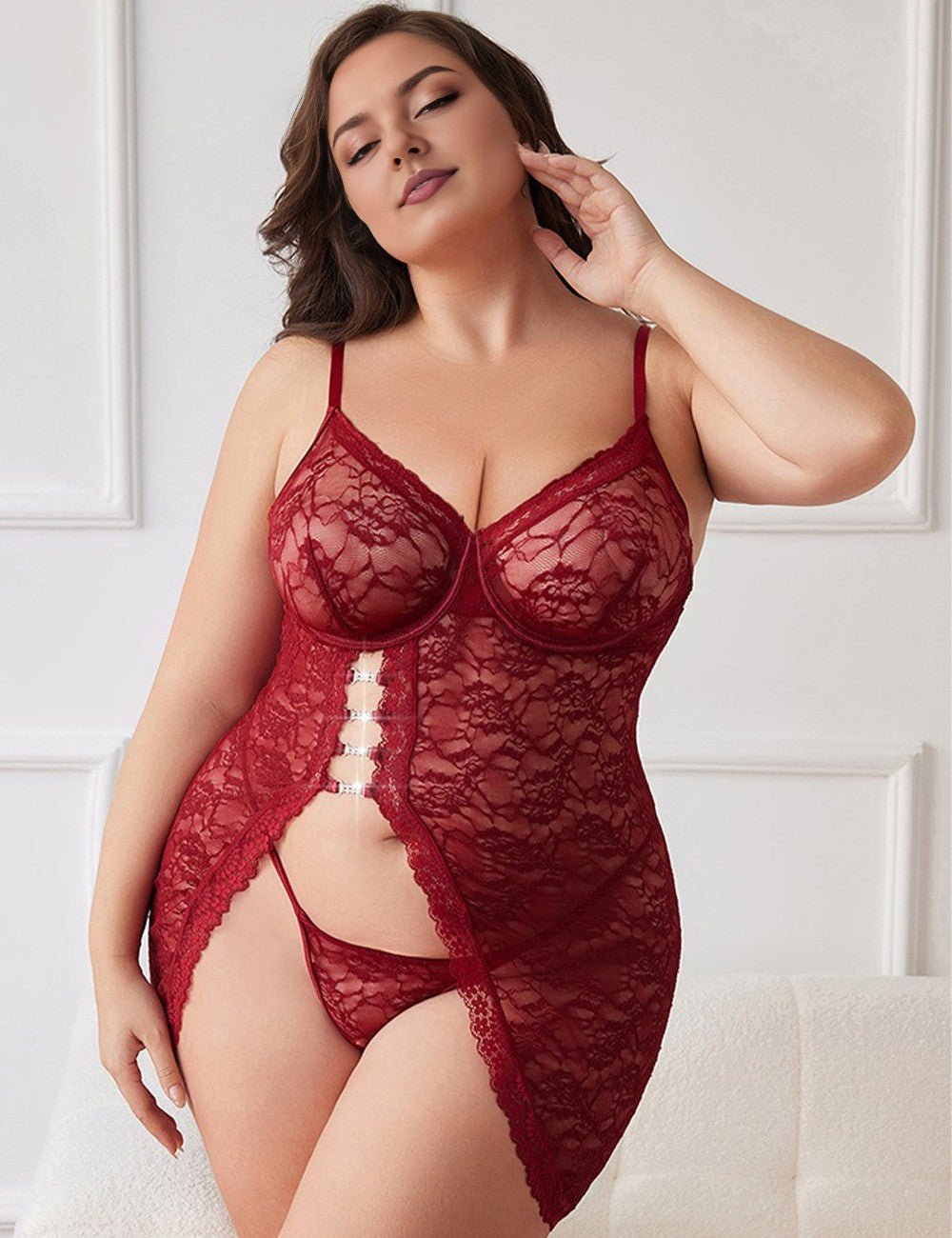 Women Plus Size Lace Spliced Slit Lingerie | PRUSES - PRUSES
