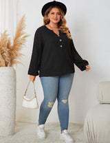 Women Plus Size Lace Stitching Black Knitted Long Sleeve Top - PRUSES