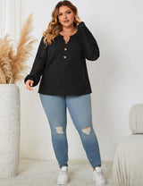 Women Plus Size Lace Stitching Black Knitted Long Sleeve Top - PRUSES