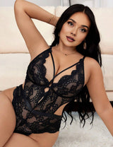 Women Plus Size Lace Strappy Cutout Bodysuit - PRUSES