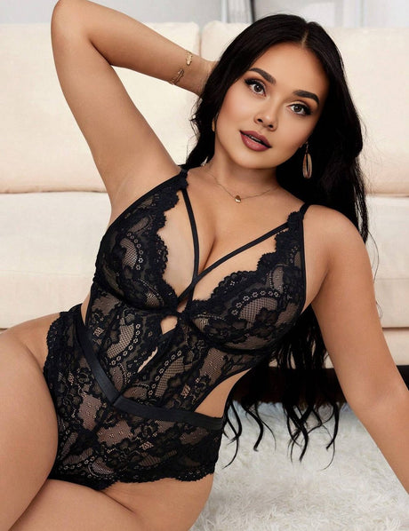 Women Plus Size Lace Strappy Cutout Bodysuit - PRUSES