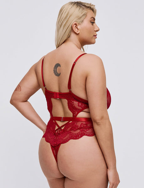 Women Plus Size Lace Strappy Cutout Bodysuit - PRUSES
