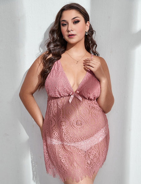Women Plus Size Lace Transparent Nightgown - PRUSES