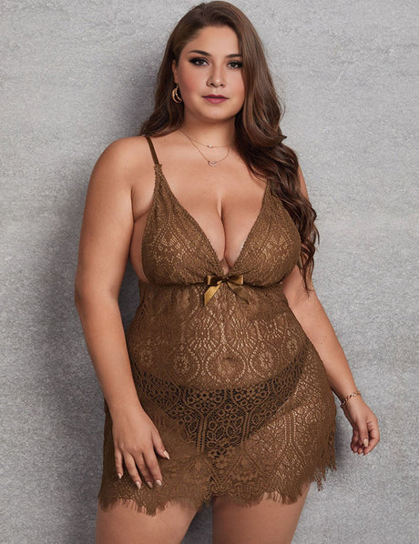 Women Plus Size Lace Transparent Nightgown - PRUSES