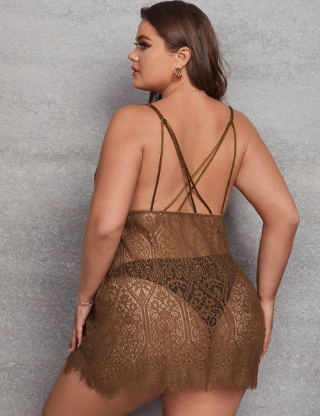 Women Plus Size Lace Transparent Nightgown - PRUSES